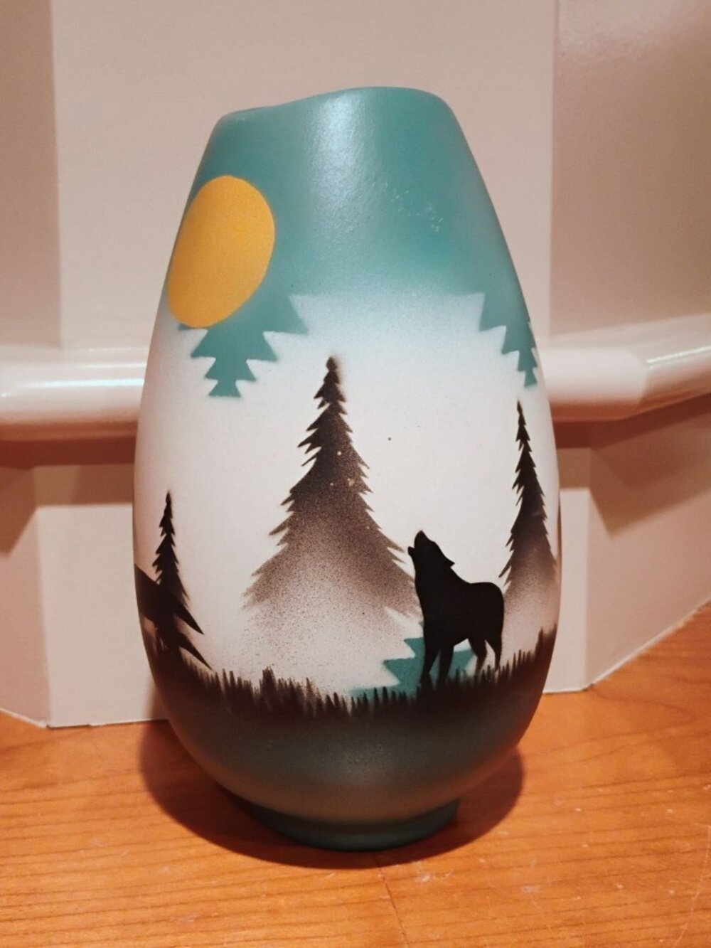 Signed Begay Navajo Vase Native American Pottery w/Painted Man Wolf Howling Moon - Picture 2 of 12